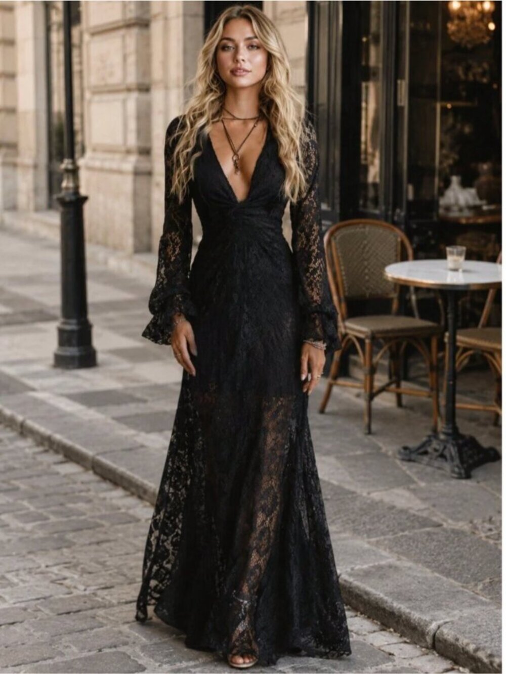 Black Lace Maxi Dress Plunging V-Neck Mermaid Hem Bell Sleeves Gothic Glam
